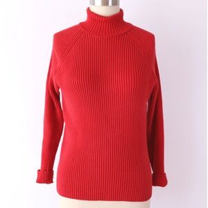 SIZE L Jeanne Pierre Turtleneck Sweater Red Ribbed Cotton Blend Raglan Large‎